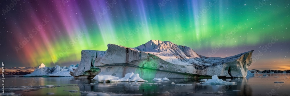 Stunning aurora borealis over icy landscape with large iceberg reflected in calm water under a starry night sky