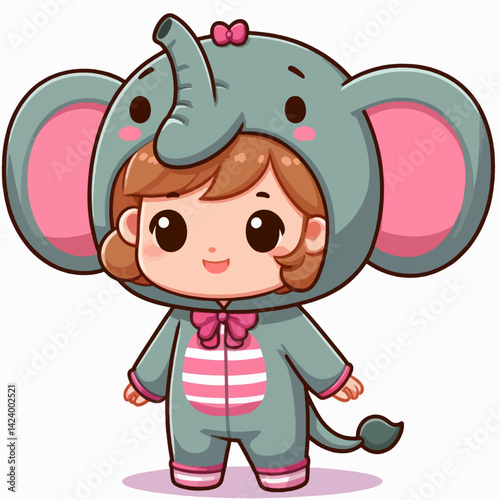 A cheerful young girl wearing a stylized elephant costume, beaming with joy.