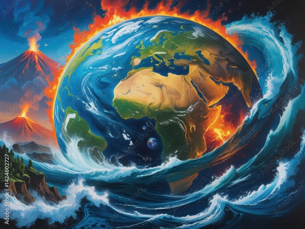 Artistic depiction of Earth surrounded by fire, water, and volcanic eruptions symbolizing natural disasters and climate change