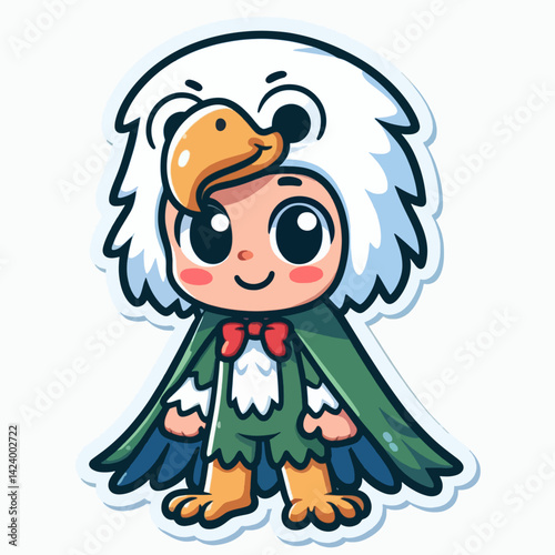 A cheerful cartoon child is depicted wearing a detailed eagle costume.