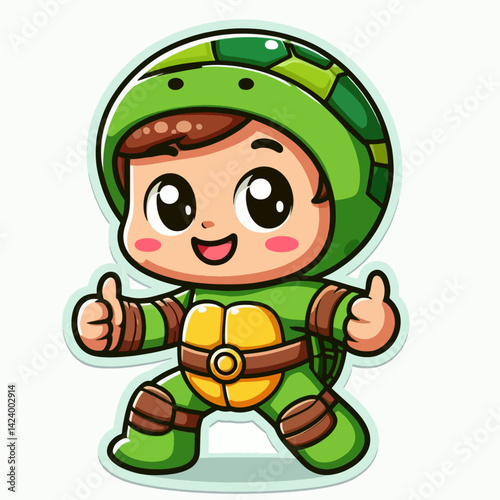 A cartoon child wearing a turtle costume, giving a thumbs up, expressing happiness.