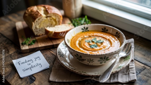 Obraz na płótnie Bowl of creamy pumpkin soup with parsley garnish and bread on rustic wooden table, text