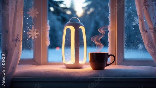 Obraz na płótnie Cozy winter scene with glowing lantern and steaming cup on snowy windowsill during twilight w salonie