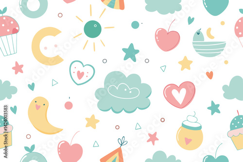 Cheerful Seamless Pattern with Clouds, Moon, Heart, Stars, Sun on White Background