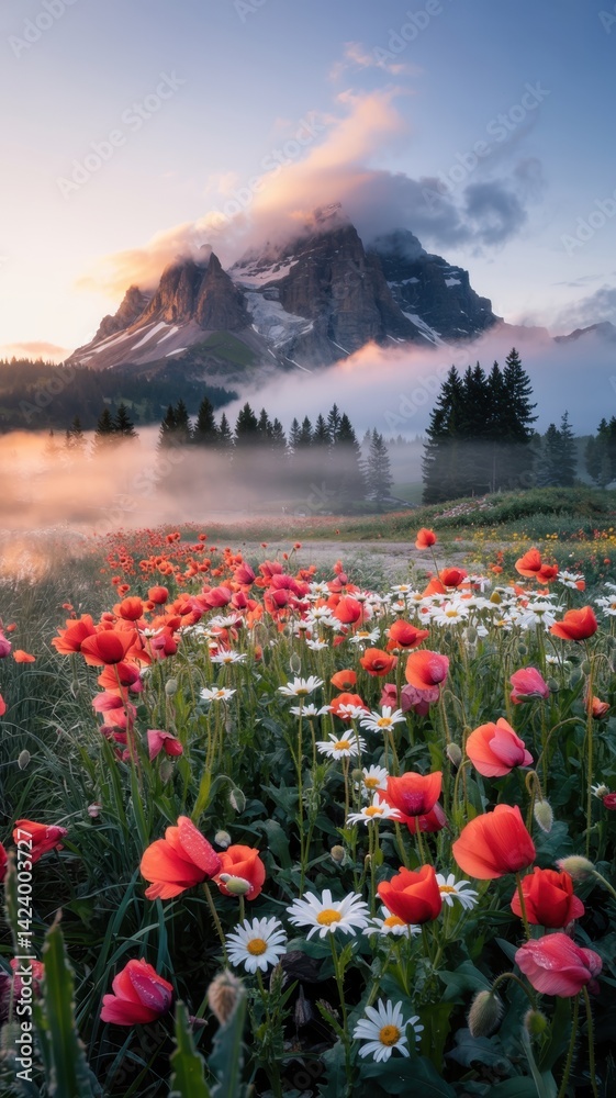 Scenic mountain landscape with vibrant red poppies and white daisies in the foreground at sunrise