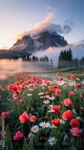 Obraz na płótnie Scenic mountain landscape with vibrant red poppies and white daisies in the foreground at sunrise w salonie