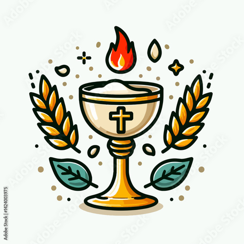 A stylized illustration of a religious chalice, surrounded by wheat, flames, and other religious symbols.