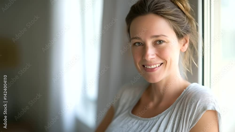 Expectant mother beaming with joy in a tranquil, sunlit space. Expectant mother beaming with joy in a tranquil, sunlit space.