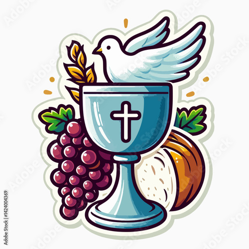 Colorful cartoon graphic of a chalice, bread, grapes, and dove, representing the Christian Eucharist.