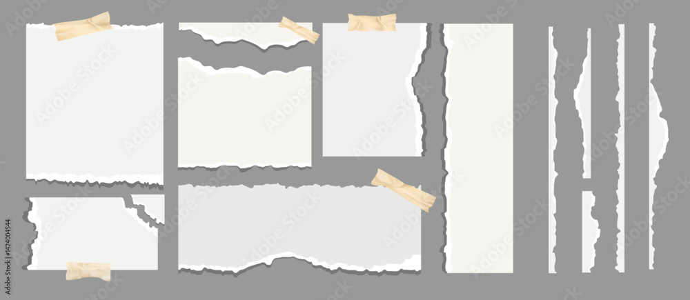 Set of realistic torn paper pieces with jagged edges and masking tape, perfect for scrapbooking, collage, mood boards, digital notes, social media templates, creative presentations.Vector illustration