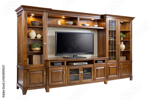 Elegant and classic brown wooden entertainment center with shelves and lights