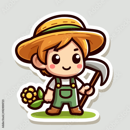 A cheerful cartoon farmer, dressed in overalls and a straw hat, carrying a flower and a sickle, positioned on a grassy background.