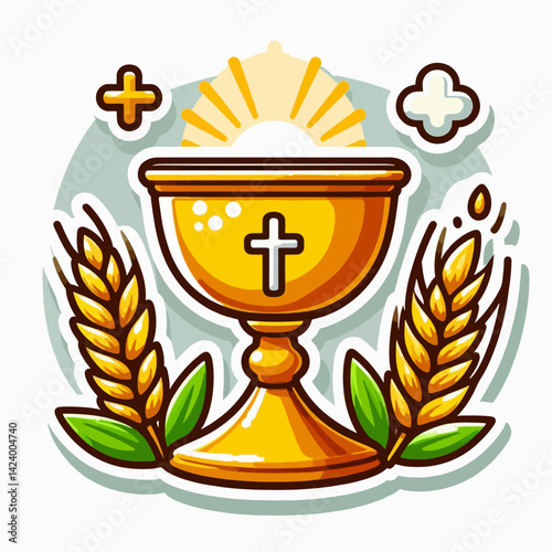A stylized cartoon depiction of a golden chalice, a Christian religious symbol, surrounded by wheat, symbolizing the Eucharist.