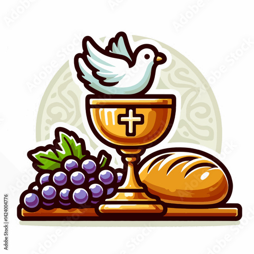 Cartoon depiction of Christian Communion elements: chalice, bread, grapes, and a dove.