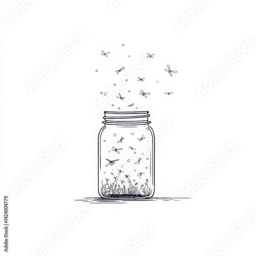 Line art fireflies in a jar illustration, symbolizing summer nights and childhood wonder. Perfect for greeting cards, wall art, and stationery.