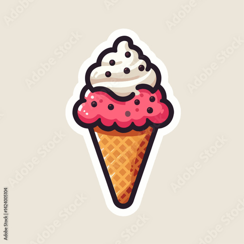 A cartoon illustration of a strawberry ice cream cone with a whipped cream topping, outlined in black.