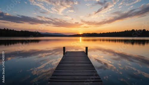 Serene Sunset Over Calm Waters at a Tranquil Dock