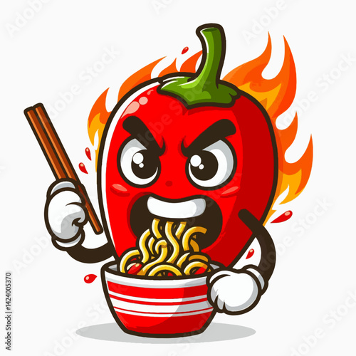 A cartoon chili pepper character is depicted in an aggressive pose, devouring a bowl of ramen noodles with flames around it.