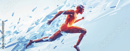 Polygonal runner conquers obstacles, symbolizing resilience and triumph over adversity