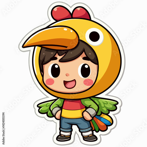 A cartoon boy in a bright yellow chicken costume, full-body image with happy expression.