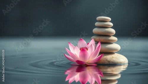 Tranquil Lotus Flower with Stones and Rippling Water Reflection