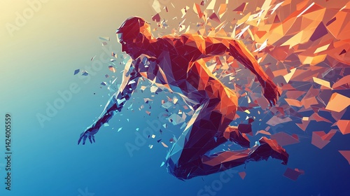 Polygonal man is jumping through the air as his body disintegrates
