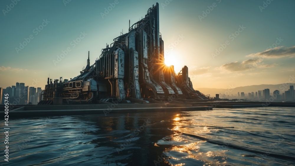 Futuristic industrial building by the water at sunset with city skyline in the background