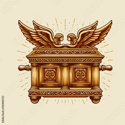 A stylized, decorative depiction of the Ark of the Covenant, featuring gold-toned angels.