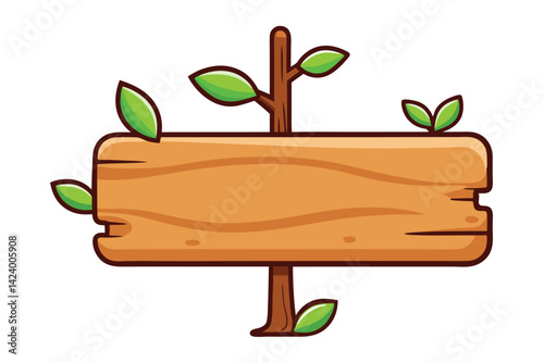 Cute Cartoon Wooden Signboard with Green Leaves on White Background