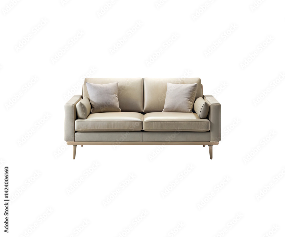 Fototapeta premium Modern twoseater sofa with light beige leather and two throw pillows