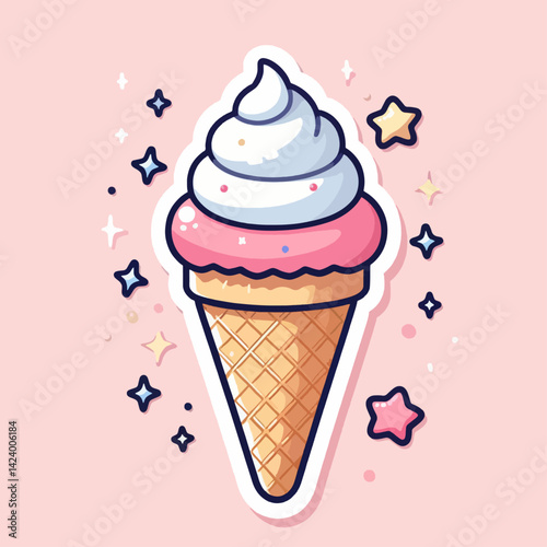 A pastel-colored illustration of an ice cream cone with whipped cream and sprinkles, set against a pink background.