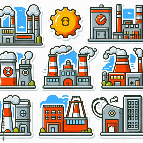 A diverse set of stylized factory images, showing various designs and colors.