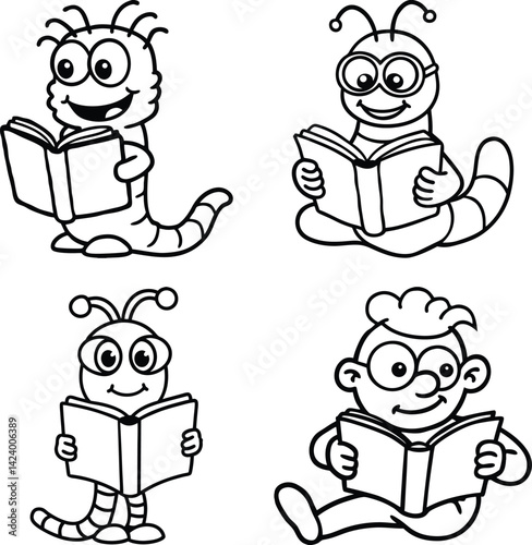 Cute cartoon characters reading books black and white illustration vector