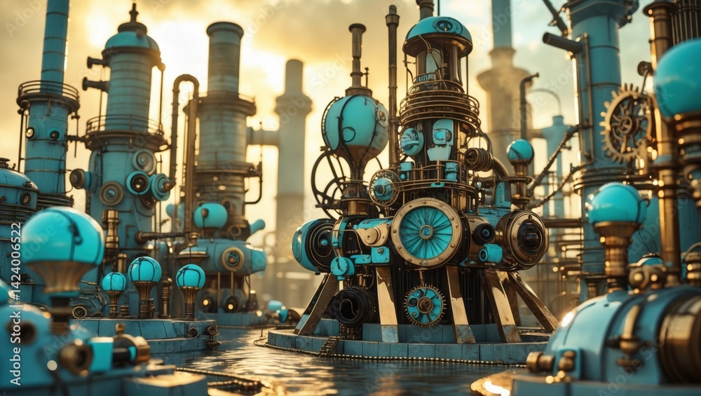 Futuristic steampunk industrial cityscape with intricate machinery and gears under a golden sunset sky
