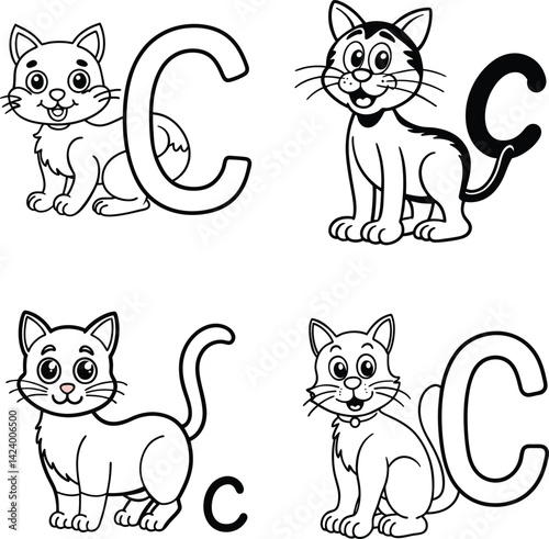 Cats and the letter c outlines cartoon illustration for kids coloring page
