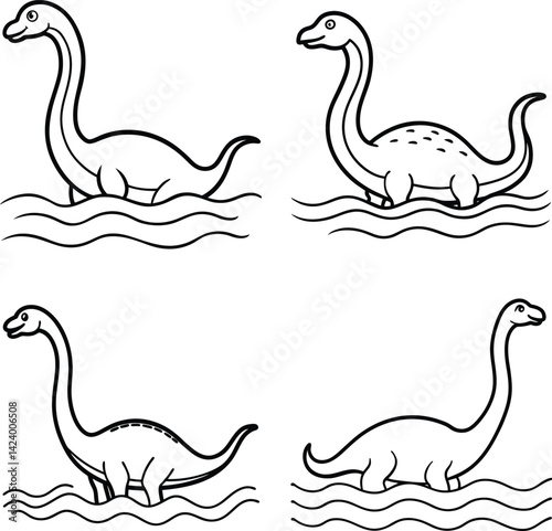 Loch ness monster illustration set cute nessie in water line art