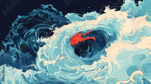 Monster emerging from turbulent blue water illustration fantasy creature sea. Fantasy Tide. Illustration