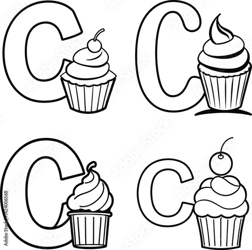 Four variations of letter c with a cupcake outline drawing illustration