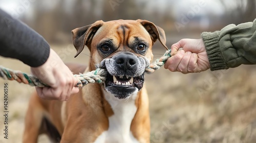 owner dog playing tug of war with its Boxer