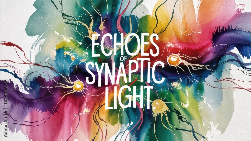 Abstract watercolor artwork with vibrant neural patterns and text