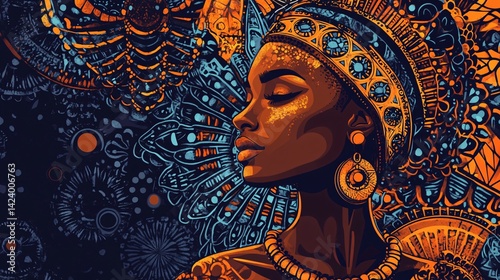 Wallpaper Mural Illustration of an african woman with her eyes closed, adorned with gold jewelry and a vibrant headdress Torontodigital.ca