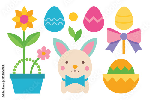 Easter Bunny with Bowtie, Flowers, Painted Eggs on a White Transparent Background