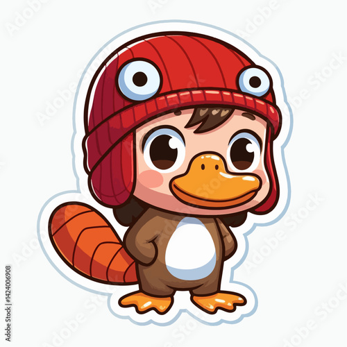 A cartoon platypus child wearing a red knit hat with large eyes.
