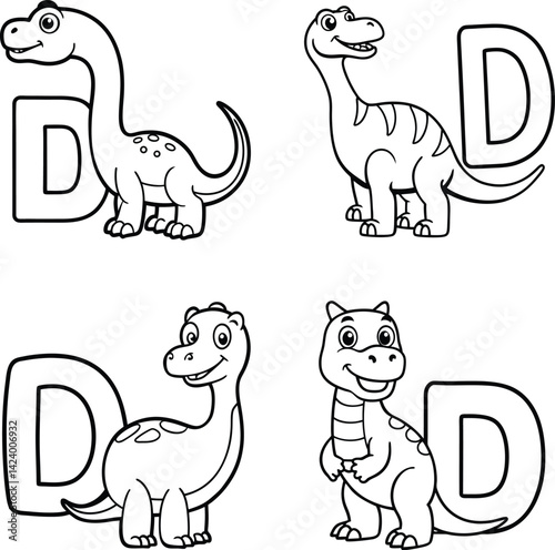 Collection of dinosaur cartoon characters with letter d for coloring book pages