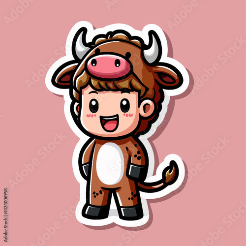 A cartoon illustration of a boy wearing a brown buffalo costume, expressing a happy emotion.