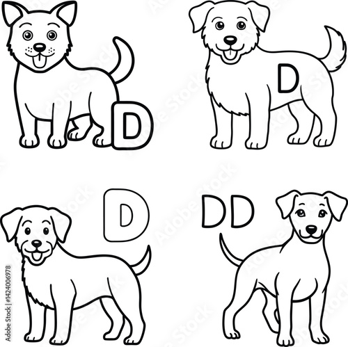 Dog themed alphabet outlines capital letter d coloring book page illustration
