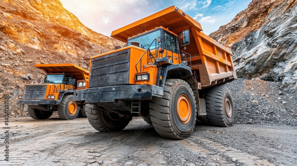 Gigantic orange dump trucks at quarry ready for heavy lifting and transport
