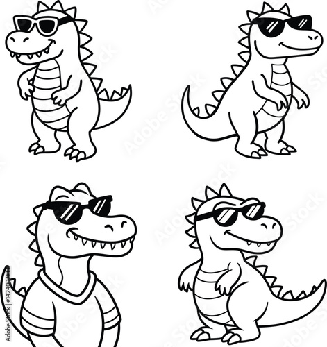 Four cartoon dinosaurs wearing sunglasses outline vector illustration