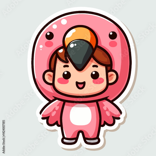 A cartoon depiction of a child wearing a pink flamingo costume, conveying happiness and cuteness.
