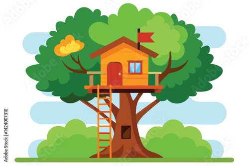 Elevated Treehouse with Flag, Ladder, and Green Foliage on White